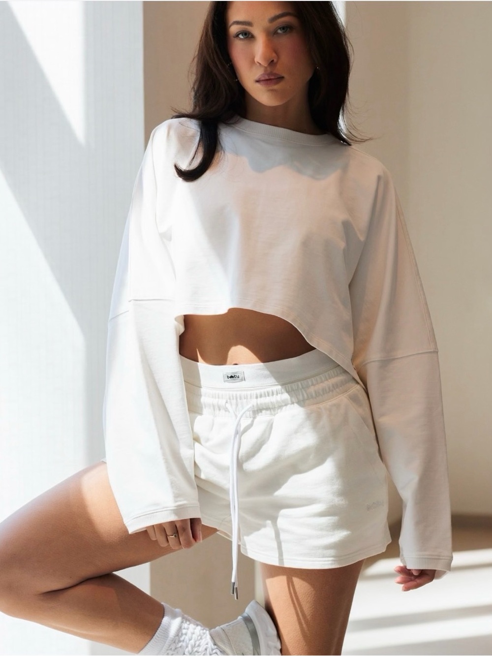 White Cropped Long-Sleeve Top by Booty By Brabants